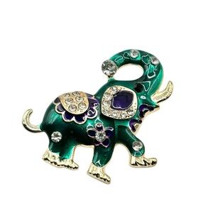 Colorful Elephant Brooch with Rhinestones Gold Green and Purple -New!